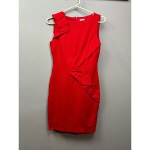 Cache Sheath Dress Womens 2 Red Sleeveless Bow Shoulder Ruffle Cocktail 11641